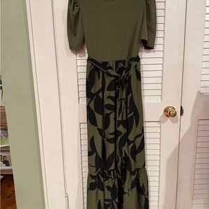 Olive Green Floral Maxi Dress | Puff Sleeve | Tie Waist | Tiered Skirt